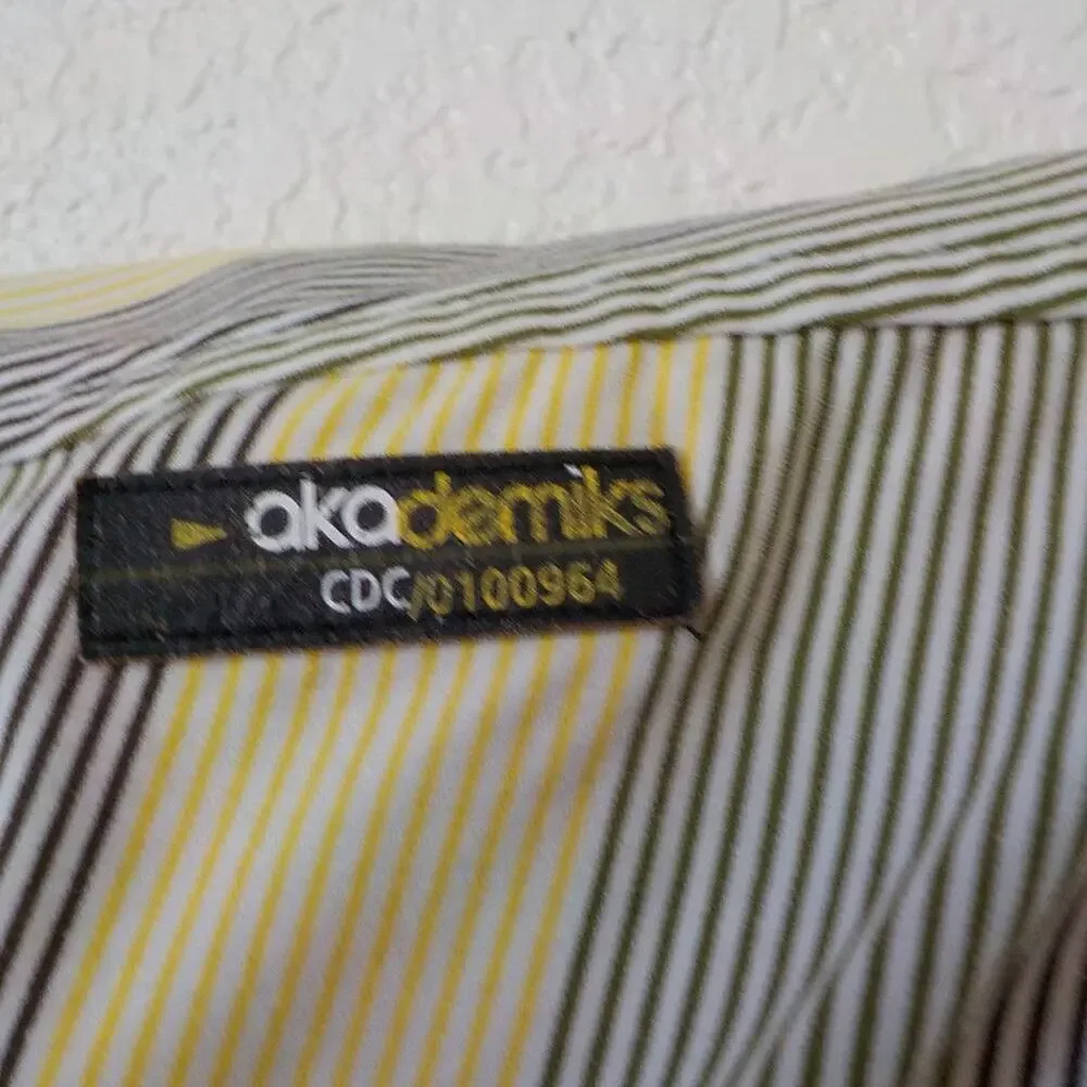 Akademiks Green Yellow Striped Button Up Shirt Long Sleeve Men size XL Classic